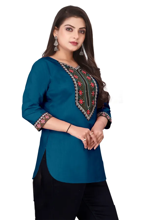 Blue_Embroidered_Straight_Kurti_for_Women
