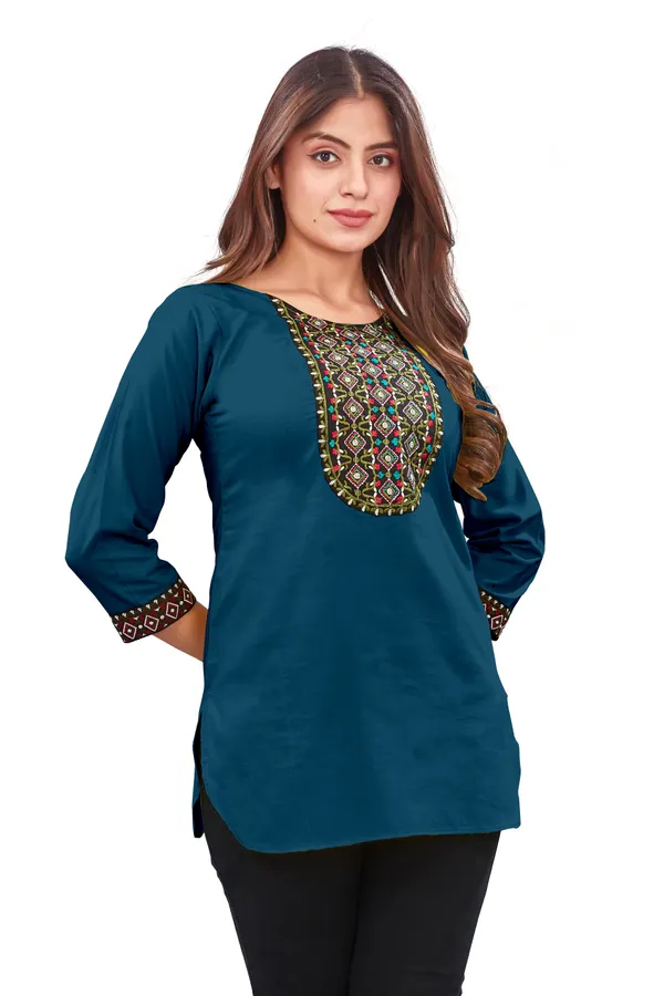 Teal_Embellished_Straight_Kurti_For_Women