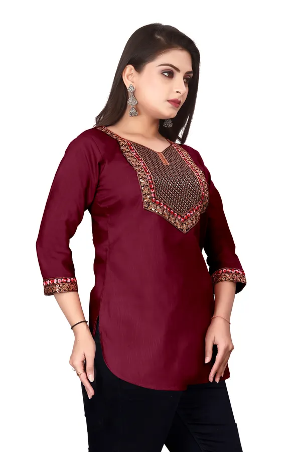 Maroon_Embroidered_Straight_Kurti_for_Women