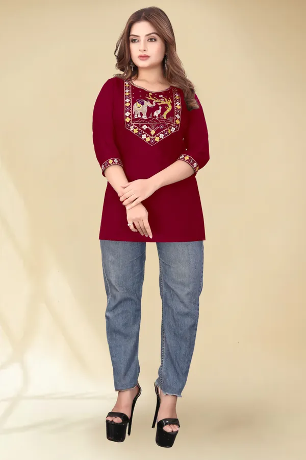 Maroon_Embroidered_Straight_Kurti_for_Women