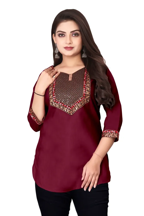 Maroon_Embroidered_Straight_Kurti_for_Women