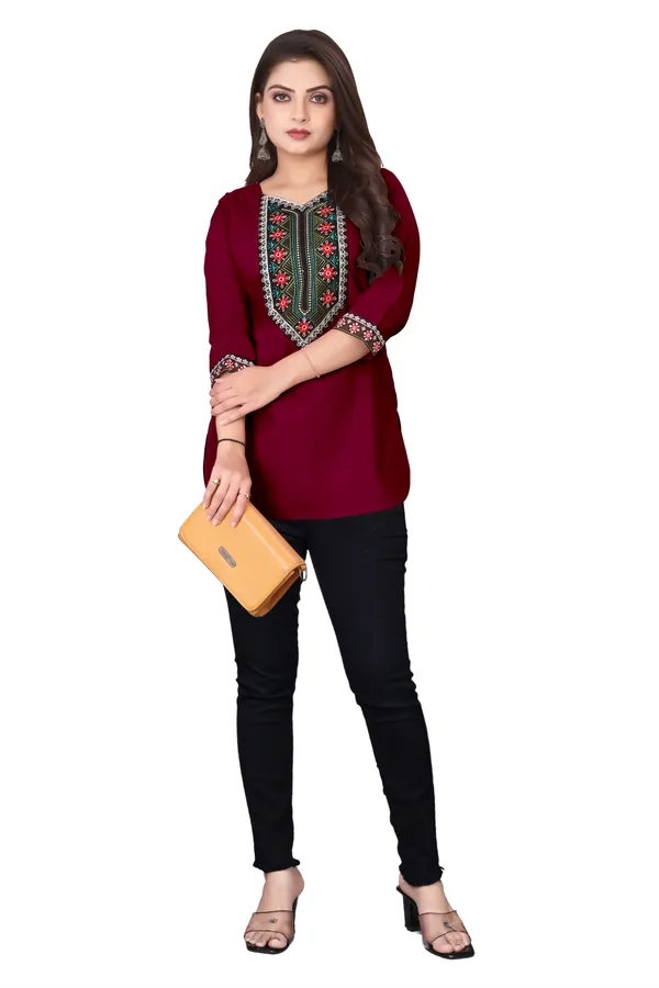 Maroon_Embroidered_Straight_Kurti_for_Women