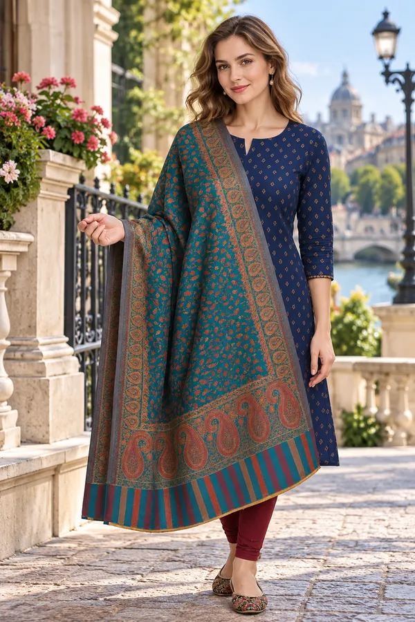 Teal_Regin_Wool_Printed_Shawl_For_Women