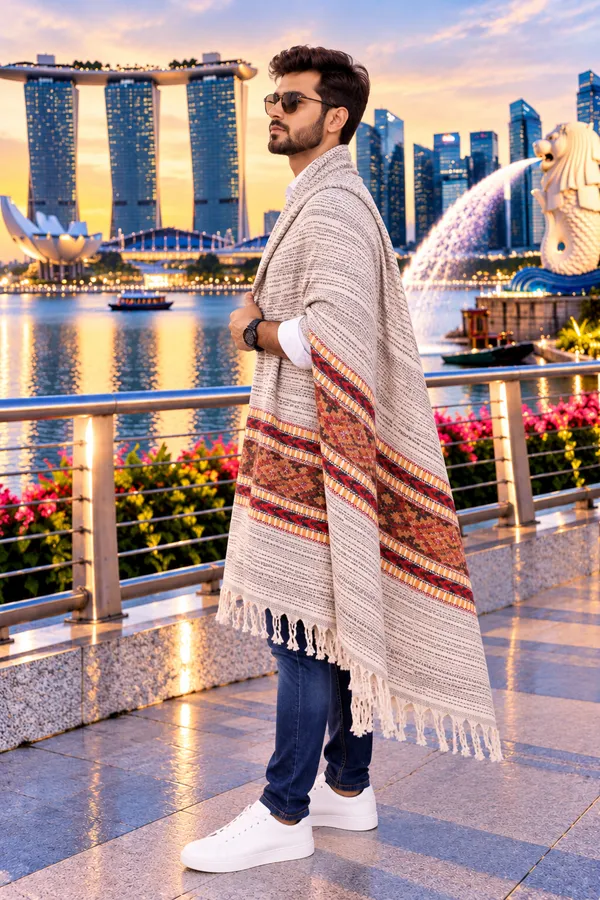 Beige_Wool_Woven_Pattern_Shawl_For_Men