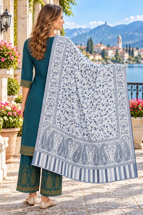 Teal_Wool_Printed_Shawl_For_Women