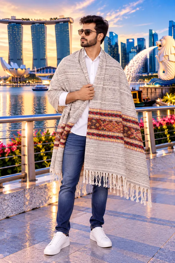 Beige_Wool_Woven_Pattern_Shawl_For_Men