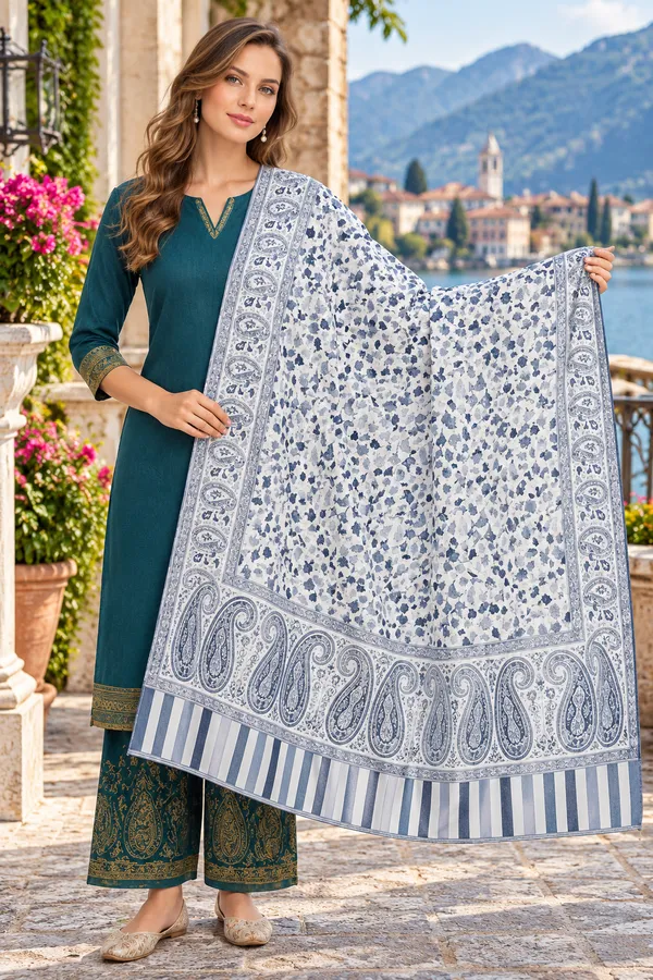 Teal_Wool_Printed_Shawl_For_Women