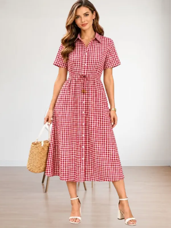 Red_Checked_Cotton_Shirt_Dress