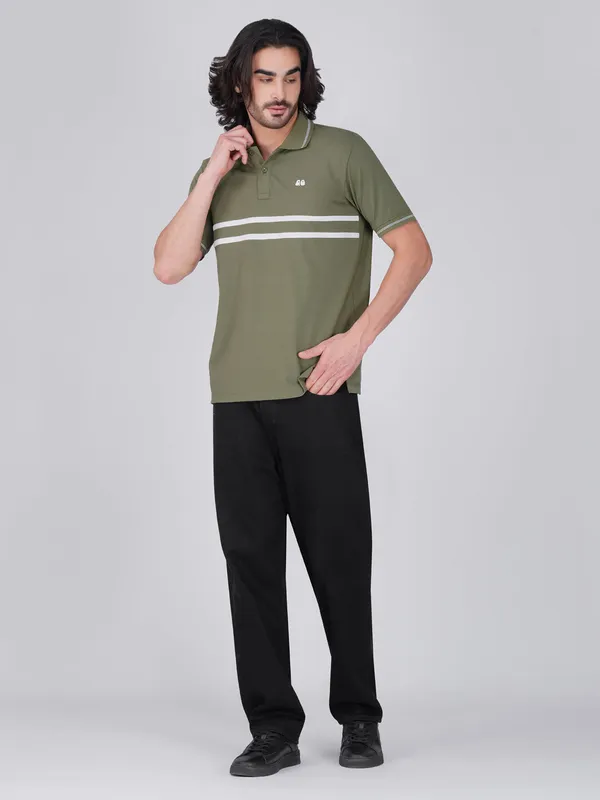 Men_S_Olive_Green_Double_Stripe_Organic_Cotton_Polo_T_Shirt_With_Anti_Stain_Anti_Microbial_Protection