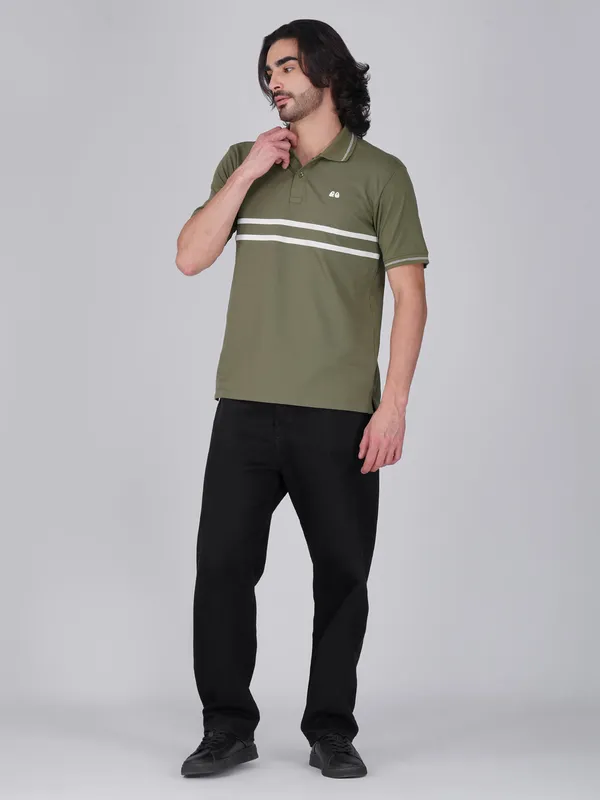 Men_S_Olive_Green_Double_Stripe_Organic_Cotton_Polo_T_Shirt_With_Anti_Stain_Anti_Microbial_Protection