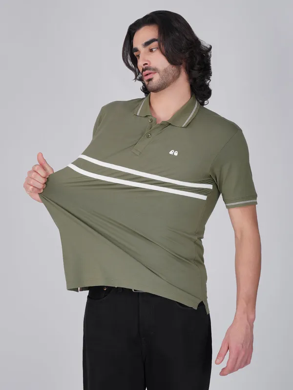 Men_S_Olive_Green_Double_Stripe_Organic_Cotton_Polo_T_Shirt_With_Anti_Stain_Anti_Microbial_Protection