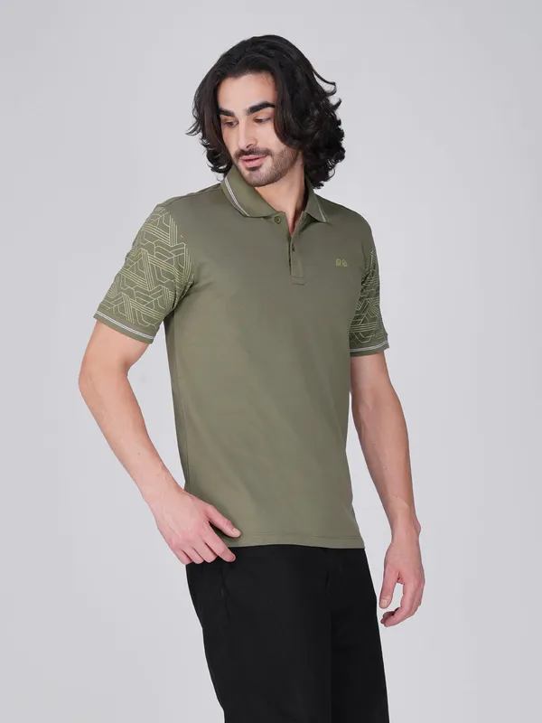 Men_S_Sleeve_Printed_Olive_Green_Organic_Cotton_Polo_T_Shirt_With_Anti_Stain_Anti_Microbial_Protection
