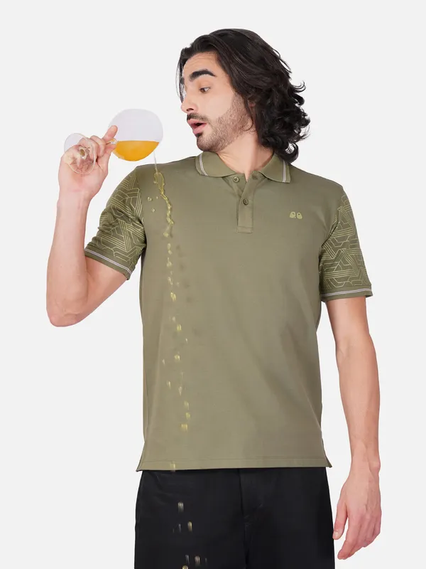 Men_S_Sleeve_Printed_Olive_Green_Organic_Cotton_Polo_T_Shirt_With_Anti_Stain_Anti_Microbial_Protection