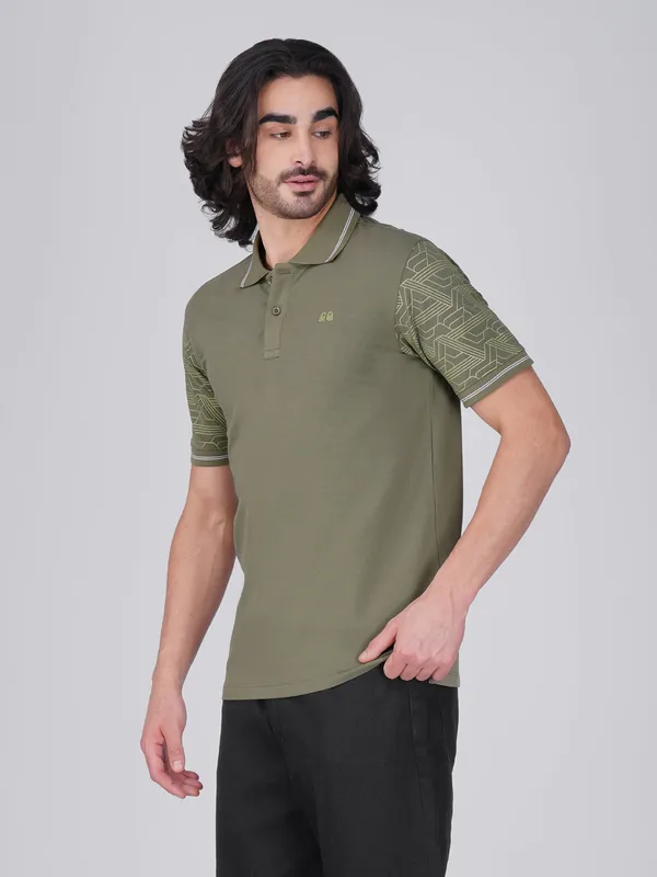 Men_S_Sleeve_Printed_Olive_Green_Organic_Cotton_Polo_T_Shirt_With_Anti_Stain_Anti_Microbial_Protection
