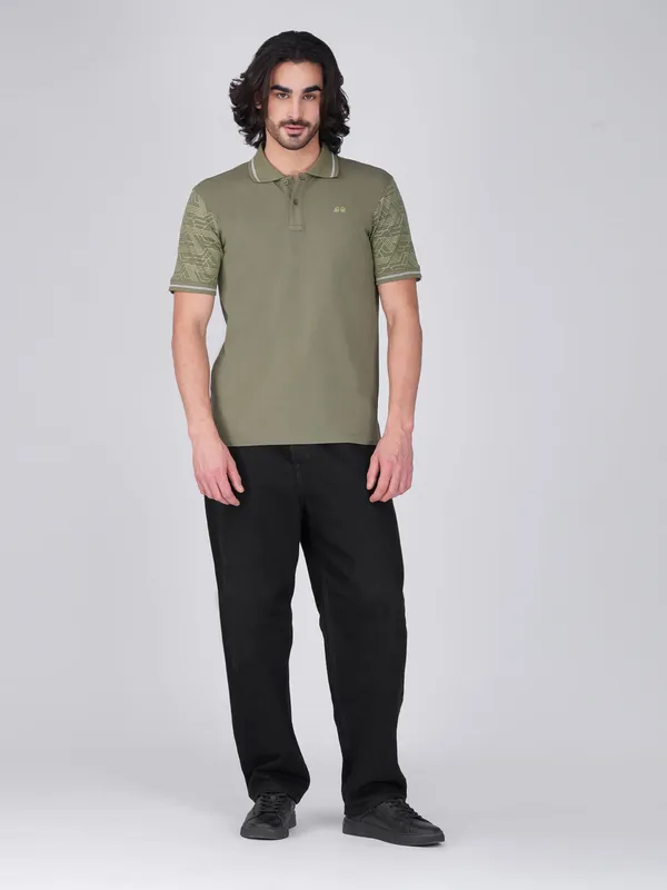 Men_S_Sleeve_Printed_Olive_Green_Organic_Cotton_Polo_T_Shirt_With_Anti_Stain_Anti_Microbial_Protection