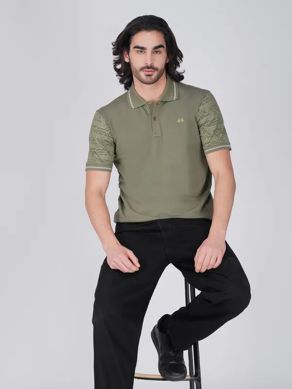 Men_S_Sleeve_Printed_Olive_Green_Organic_Cotton_Polo_T_Shirt_With_Anti_Stain_Anti_Microbial_Protection