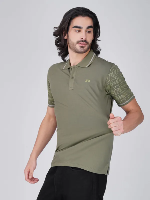 Men_S_Sleeve_Printed_Olive_Green_Organic_Cotton_Polo_T_Shirt_With_Anti_Stain_Anti_Microbial_Protection