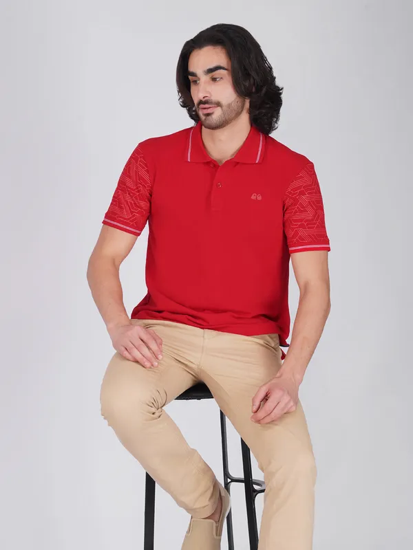 Men_S_Sleeve_Printed_Red_Organic_Cotton_Polo_T_Shirt_With_Anti_Stain_Anti_Microbial_Protection