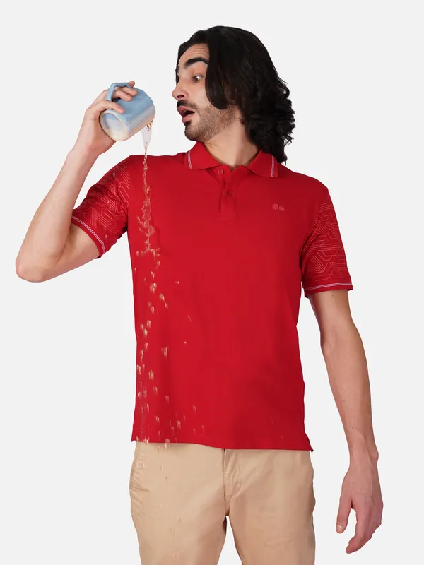 Men_S_Sleeve_Printed_Red_Organic_Cotton_Polo_T_Shirt_With_Anti_Stain_Anti_Microbial_Protection