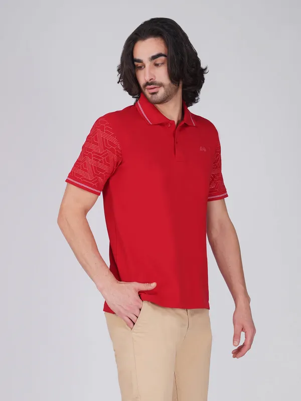Men_S_Sleeve_Printed_Red_Organic_Cotton_Polo_T_Shirt_With_Anti_Stain_Anti_Microbial_Protection