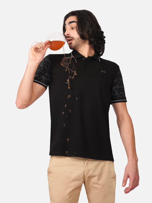 Men_S_Sleeve_Printed_Black_Organic_Cotton_Polo_T_Shirt_With_Anti_Stain_Anti_Microbial_Protection