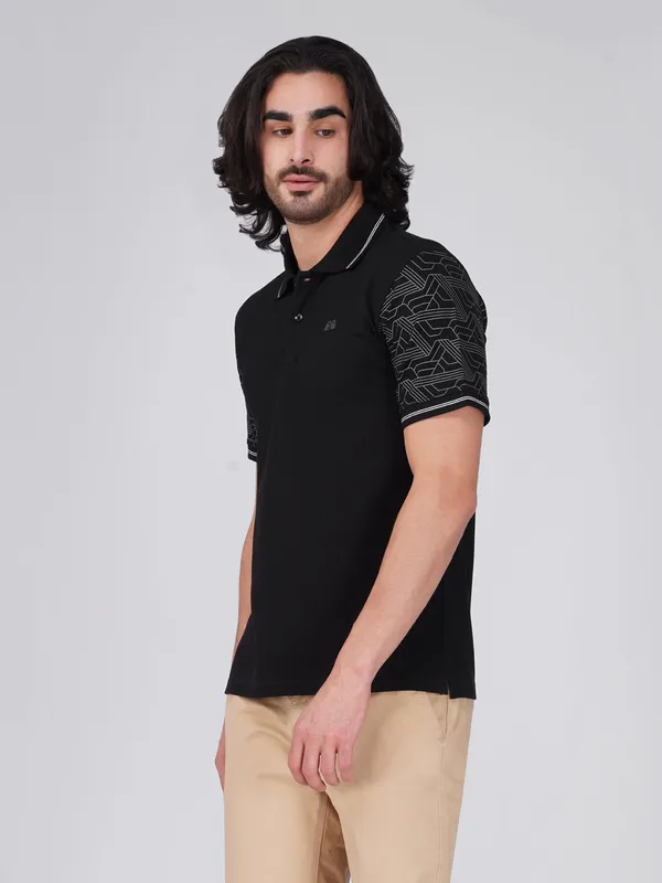 Men_S_Sleeve_Printed_Black_Organic_Cotton_Polo_T_Shirt_With_Anti_Stain_Anti_Microbial_Protection