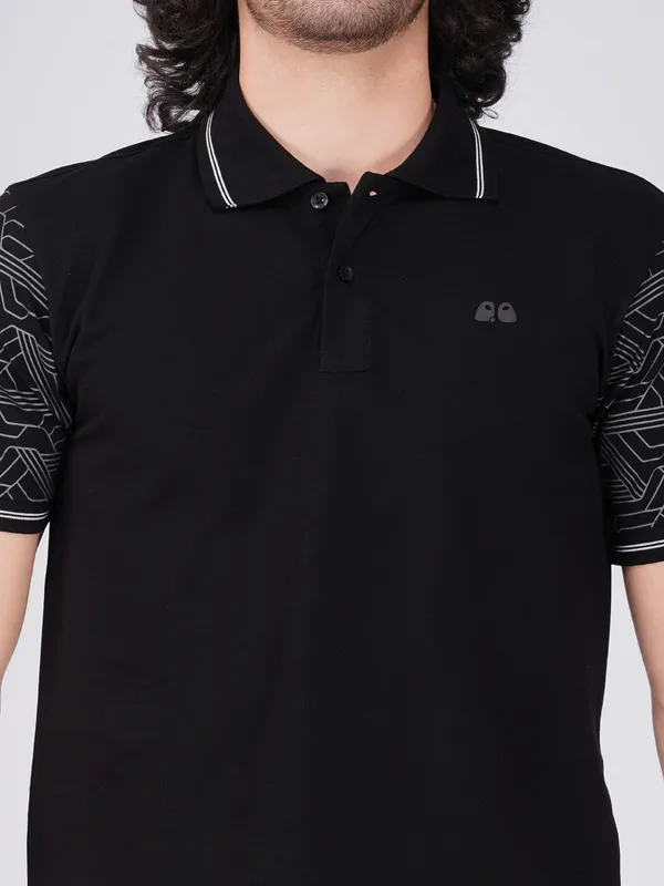 Men_S_Sleeve_Printed_Black_Organic_Cotton_Polo_T_Shirt_With_Anti_Stain_Anti_Microbial_Protection