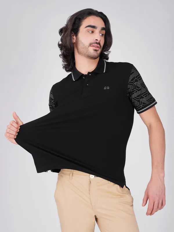 Men_S_Sleeve_Printed_Black_Organic_Cotton_Polo_T_Shirt_With_Anti_Stain_Anti_Microbial_Protection