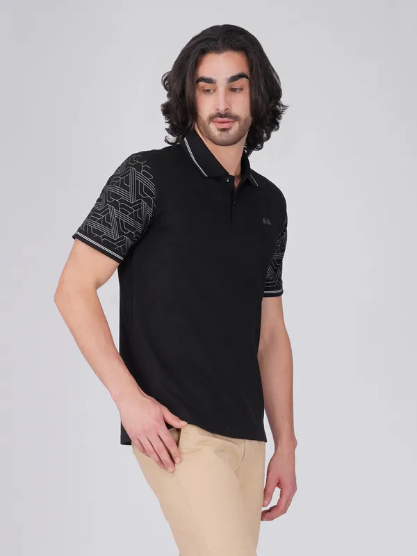 Men_S_Sleeve_Printed_Black_Organic_Cotton_Polo_T_Shirt_With_Anti_Stain_Anti_Microbial_Protection