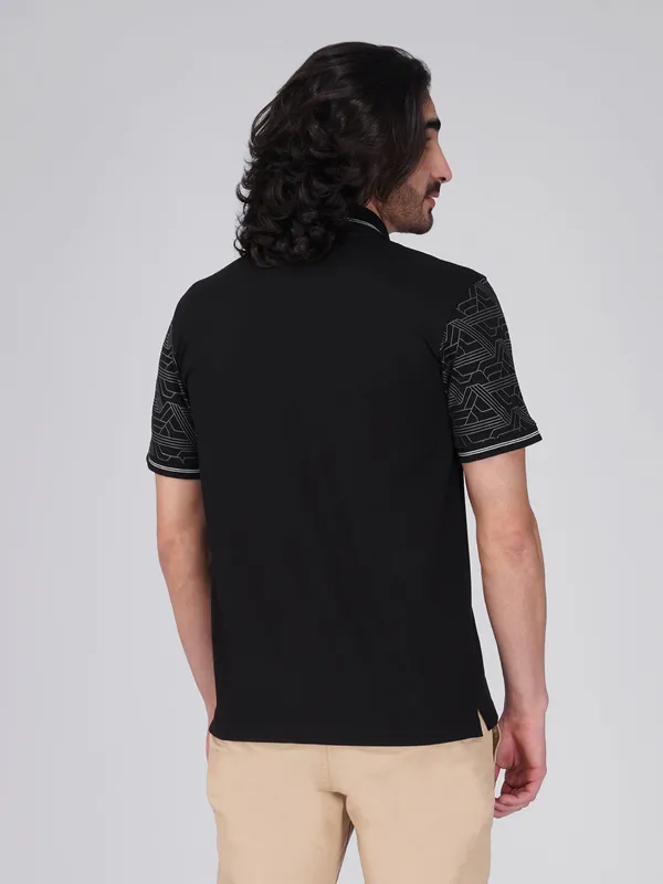 Men_S_Sleeve_Printed_Black_Organic_Cotton_Polo_T_Shirt_With_Anti_Stain_Anti_Microbial_Protection