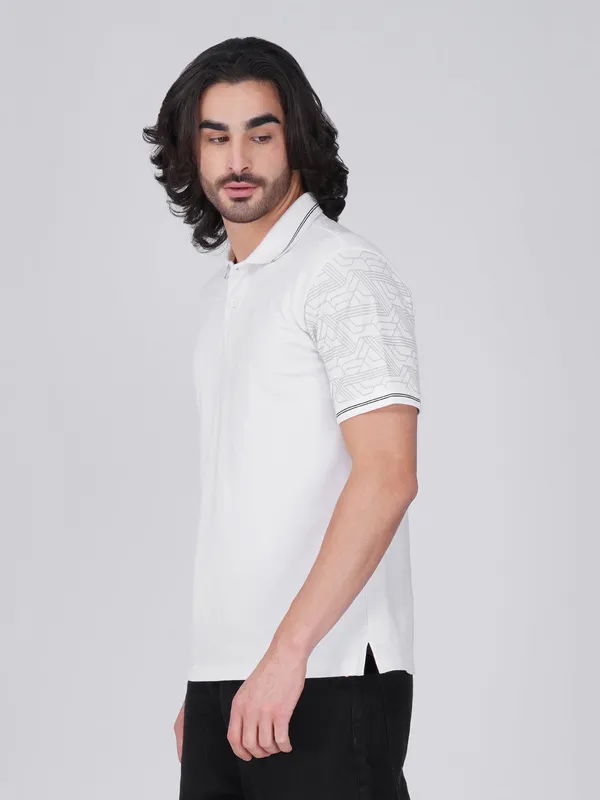 Men_S_Sleeve_Printed_White_Organic_Cotton_Polo_T_Shirt_With_Anti_Stain_Anti_Microbial_Protection
