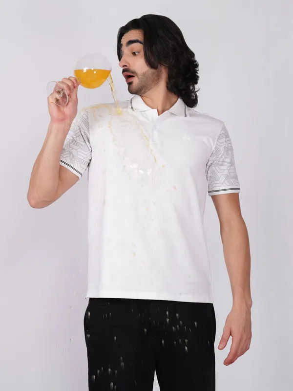 Men_S_Sleeve_Printed_White_Organic_Cotton_Polo_T_Shirt_With_Anti_Stain_Anti_Microbial_Protection