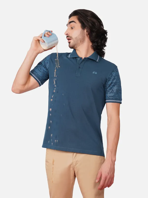 Men_S_Sleeve_Printed_Blue_Organic_Cotton_Polo_T_Shirt_With_Anti_Stain_Anti_Microbial_Protection