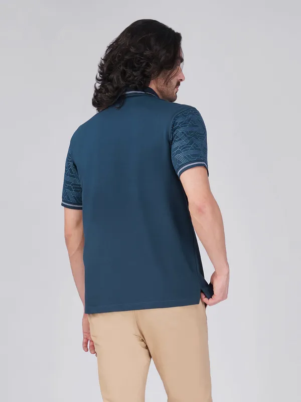Men_S_Sleeve_Printed_Blue_Organic_Cotton_Polo_T_Shirt_With_Anti_Stain_Anti_Microbial_Protection