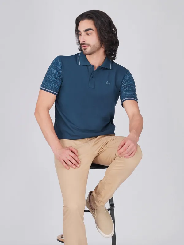Men_S_Sleeve_Printed_Blue_Organic_Cotton_Polo_T_Shirt_With_Anti_Stain_Anti_Microbial_Protection