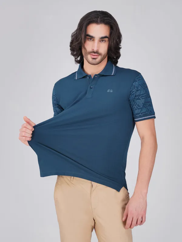 Men_S_Sleeve_Printed_Blue_Organic_Cotton_Polo_T_Shirt_With_Anti_Stain_Anti_Microbial_Protection