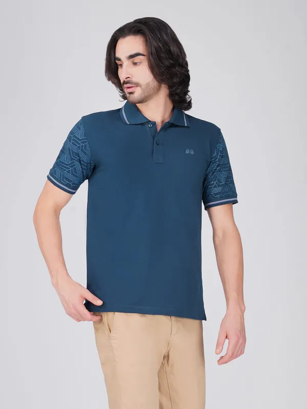 Men_S_Sleeve_Printed_Blue_Organic_Cotton_Polo_T_Shirt_With_Anti_Stain_Anti_Microbial_Protection