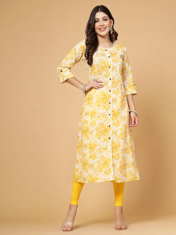 Yellow_Pure_Cotton_A-line_Kurta_with_White_Gota_Patti_Embellishments