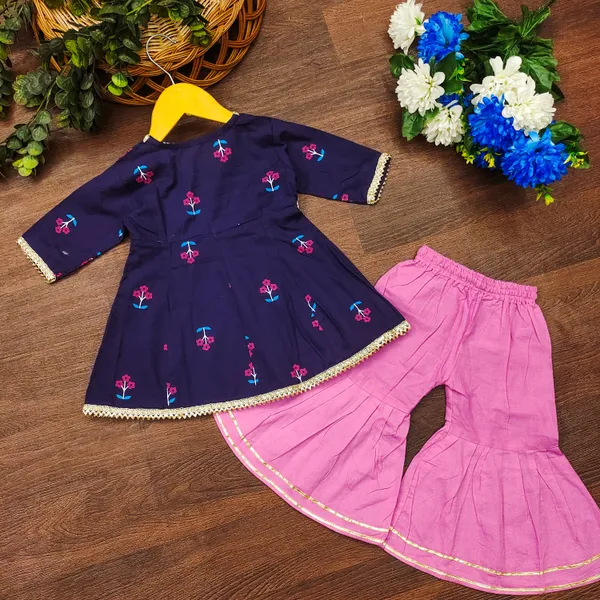Blue_Cotton_Blend_Floral_Printed_Readymade_Kurta_and_Sharara_Set_for_Girls