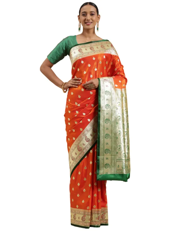Orange_Satin_Silk_Banarasi_Sarees_For_Women