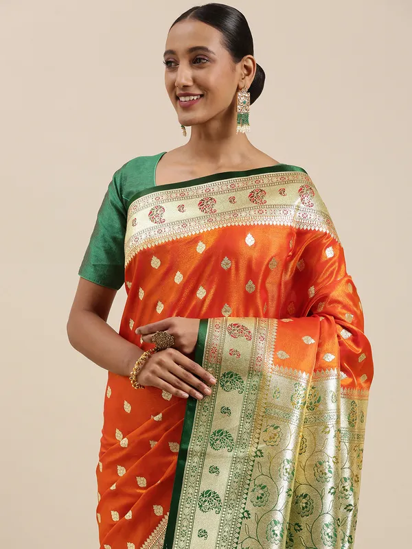 Orange_Satin_Silk_Banarasi_Sarees_For_Women