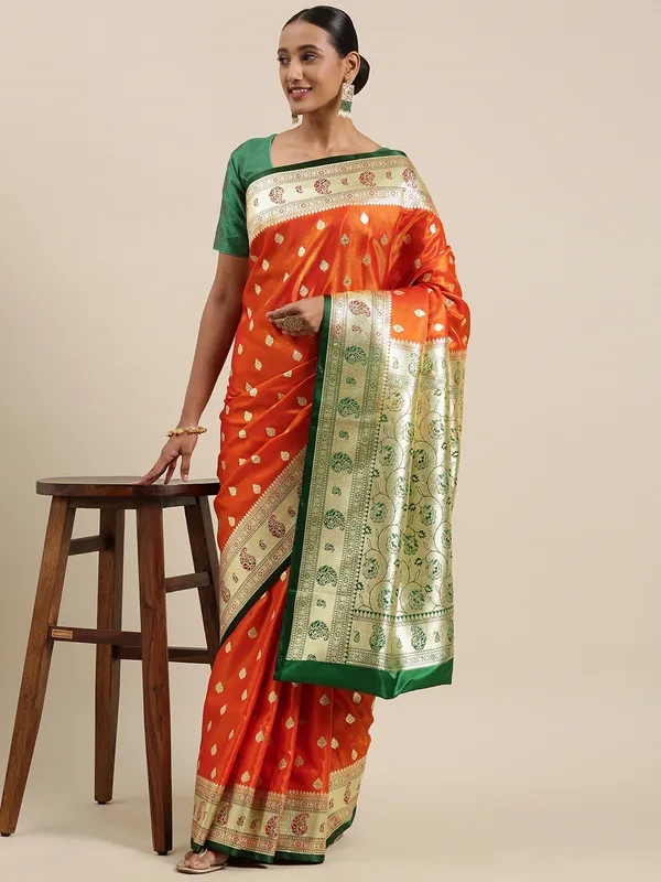 Orange_Satin_Silk_Banarasi_Sarees_For_Women