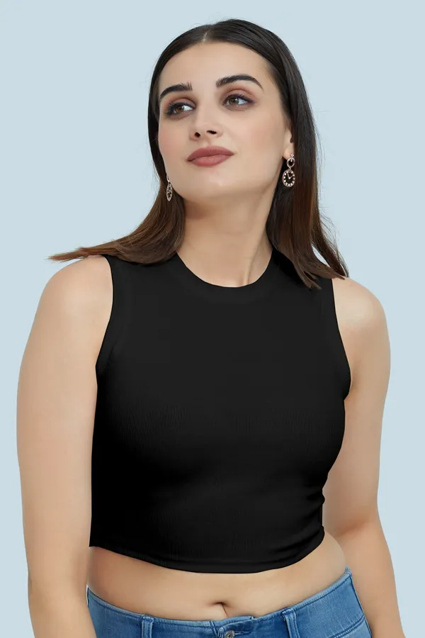 Black_Sleeveless_Ribbed_Round_Neck_Slim_Fit_Collarless_Casual_Tank_Top_For_Women