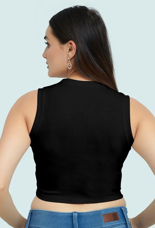 Black_Sleeveless_Ribbed_Round_Neck_Slim_Fit_Collarless_Casual_Tank_Top_For_Women