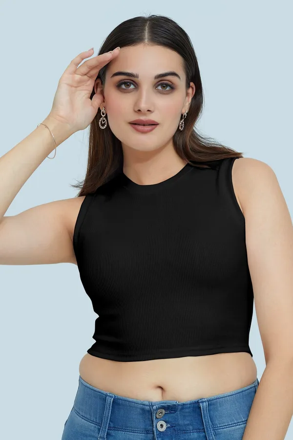 Black_Sleeveless_Ribbed_Round_Neck_Slim_Fit_Collarless_Casual_Tank_Top_For_Women