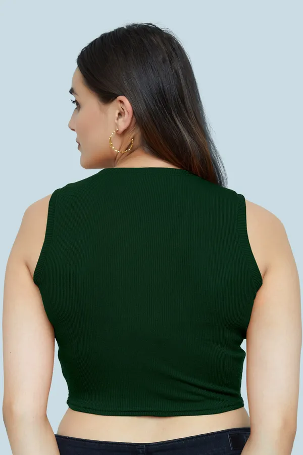 Green_Sleeveless_Ribbed_Round_Neck_Slim_Fit_Collarless_Casual_Tank_Top_For_Women