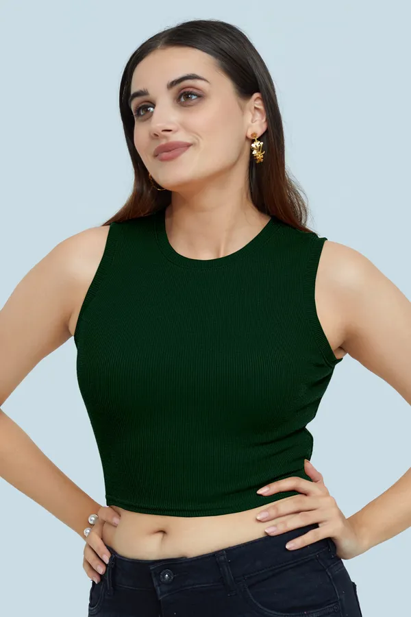 Green_Sleeveless_Ribbed_Round_Neck_Slim_Fit_Collarless_Casual_Tank_Top_For_Women