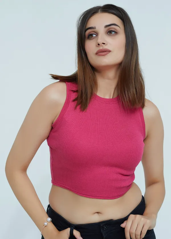 Pink_Sleeveless_Ribbed_Round_Neck_Slim_Fit_Collarless_Casual_Tank_Top_For_Women