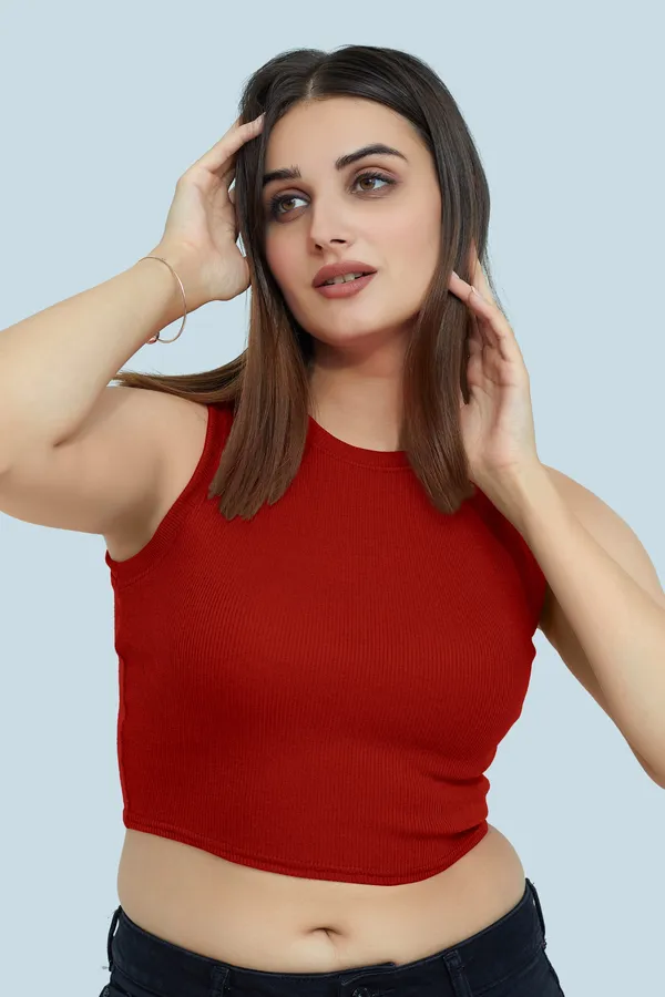 Red_Sleeveless_Ribbed_Round_Neck_Slim_Fit_Collarless_Casual_Tank_Top_For_Women