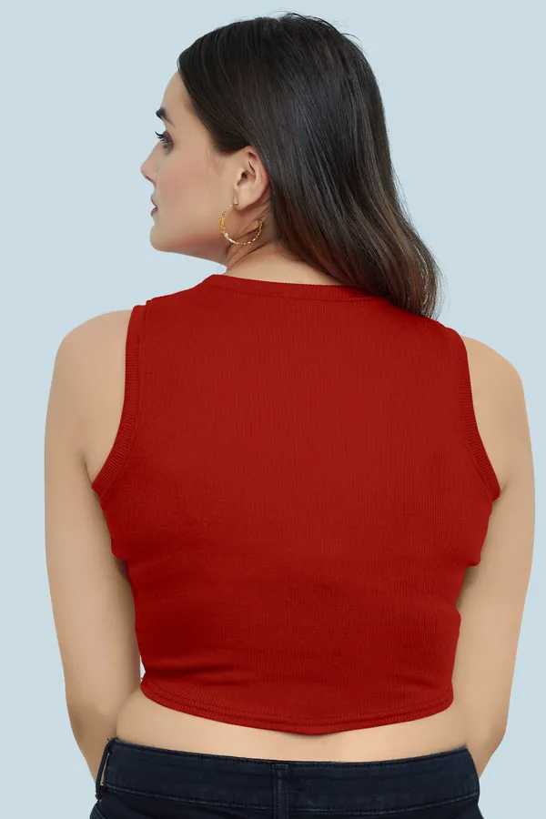 Red_Sleeveless_Ribbed_Round_Neck_Slim_Fit_Collarless_Casual_Tank_Top_For_Women